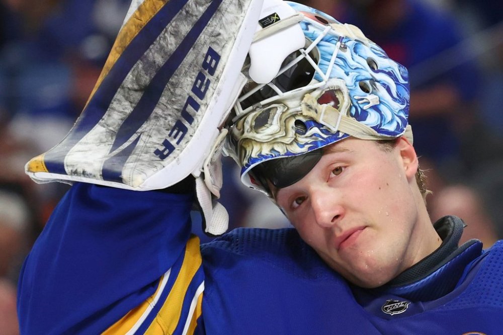 FILE - Buffalo Sabres goaltender Ukko-Pekka Luukkonen puts his mask on during the second period of the team's NHL hockey game against the New York Islanders on Thursday, March 14, 2024, in Buffalo, N.Y. (AP Photo/Jeffrey T. Barnes, File)