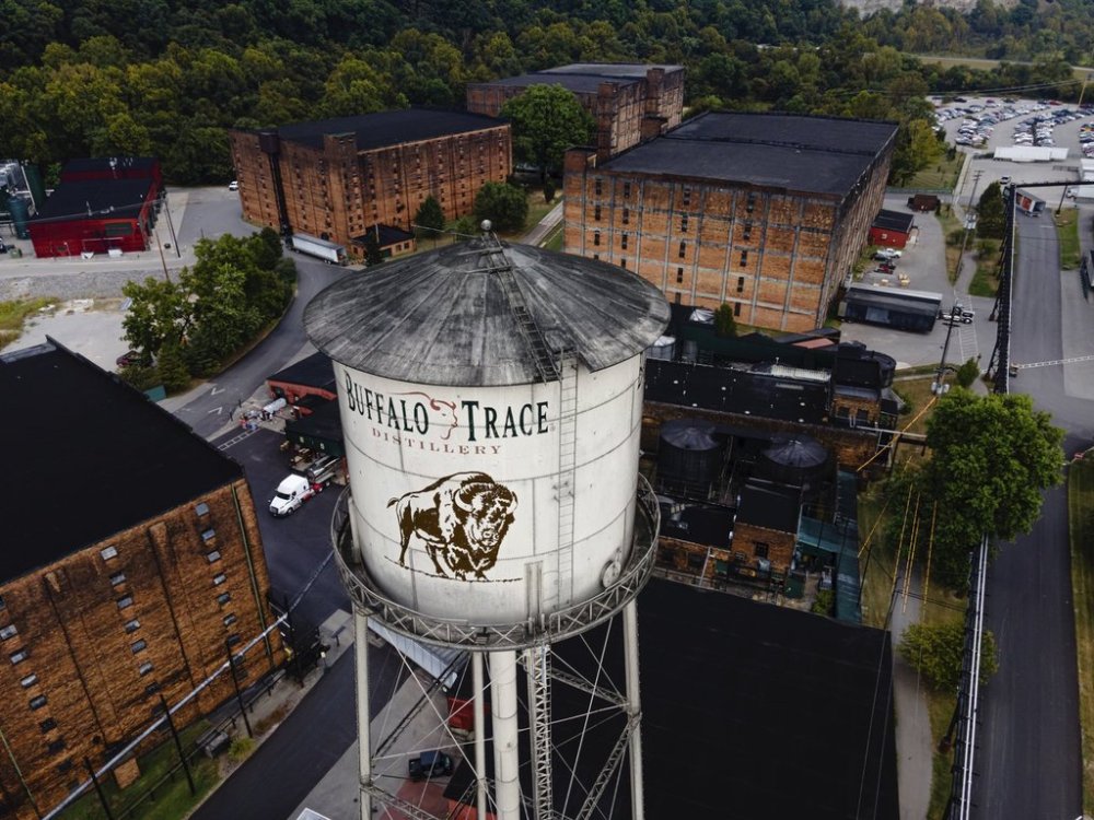 In an aerial view, the Buffalo Trace Distillery is seen on Sept. 16, 2025, in Frankfort, Ky. (AP Photo/Jon Cherry)