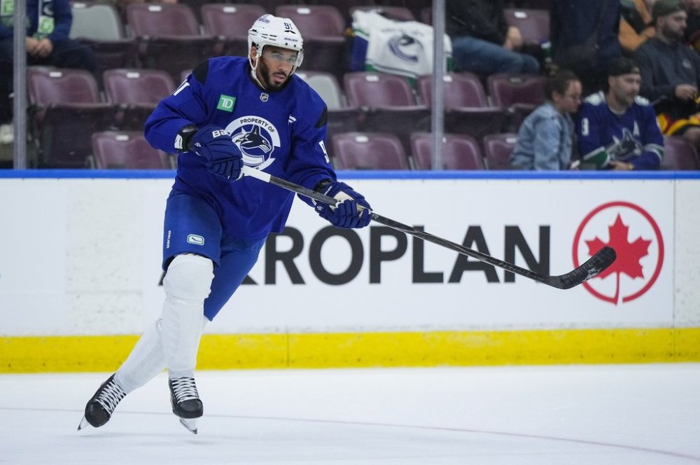 Vancouver Canucks' Evander Kane skates during the opening day of the NHL hockey team's training camp, in Penticton, B.C., on Thursday, September 18, 2025. THE CANADIAN PRESS/Darryl Dyck