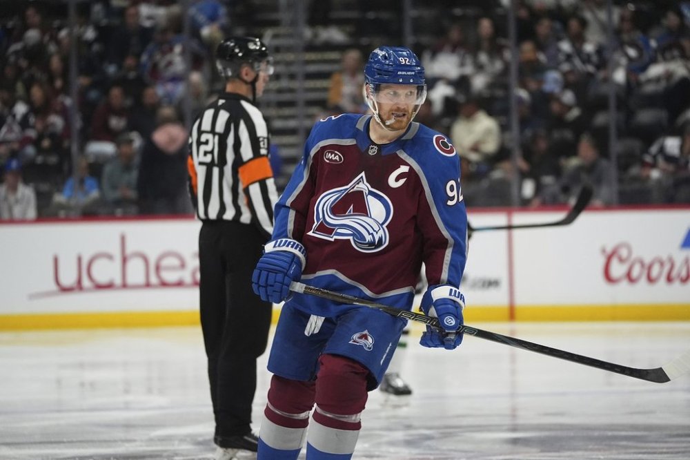 FILE - Colorado Avalanche left wing Gabriel Landeskog (92) in the second period of Game 6 of an NHL first-round hockey playoff series May 1, 2025, in Denver. (AP Photo/David Zalubowski, File)
