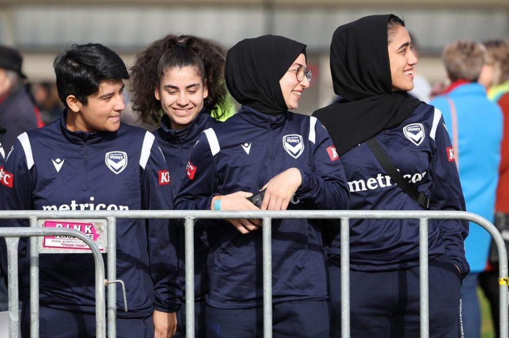 FILE - Members of the Afghan women's football team attend Morocco's practice ahead of the Women's World Cup in Melbourne, Australia, Wednesday, July 19, 2023. (AP Photo/Victoria Adkins, File)