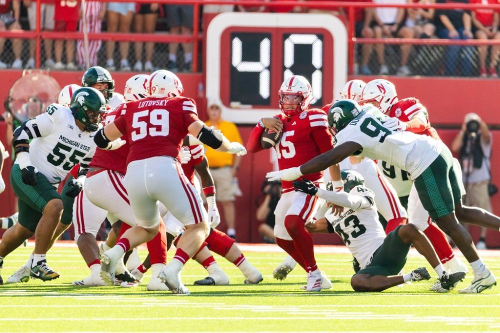 Nebraska quarterback Dylan Raiola (15) scrambles against Michigan State during the first half of an NCAA college football game, Saturday, Oct. 4, 2025, in Lincoln, Neb. (AP Photo/Bonnie Ryan)