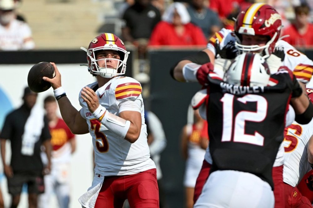 Iowa State quarterback Rocco Becht (3) drops back to pass against Arkansas State during an NCAA college football game Saturday, Sept. 13, 2025, in Jonesboro, Ark. (AP Photo/Michael Woods)