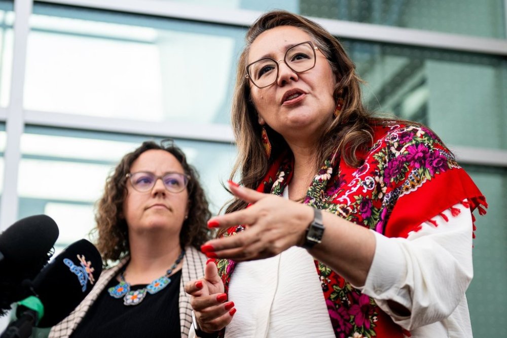 Minister of Indigenous Services Mandy Gull-Masty speaks to reporters following the Métis Major Projects Summit at the Royal Canadian Geographical Society in Ottawa, on Thursday, Aug. 7, 2025. THE CANADIAN PRESS/Spencer Colby