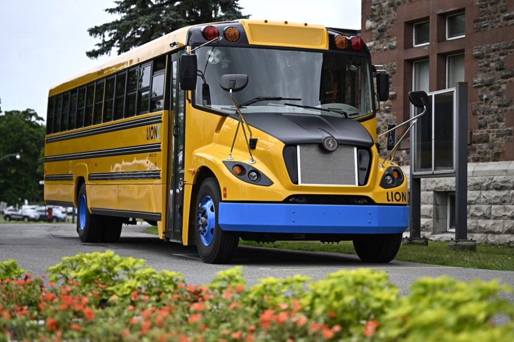 A fully electric LionC school bus in Ottawa on Tuesday, June 27, 2023. About 1,200 Lion school buses will be out of service while inspections are carried out. THE CANADIAN PRESS/Justin Tang