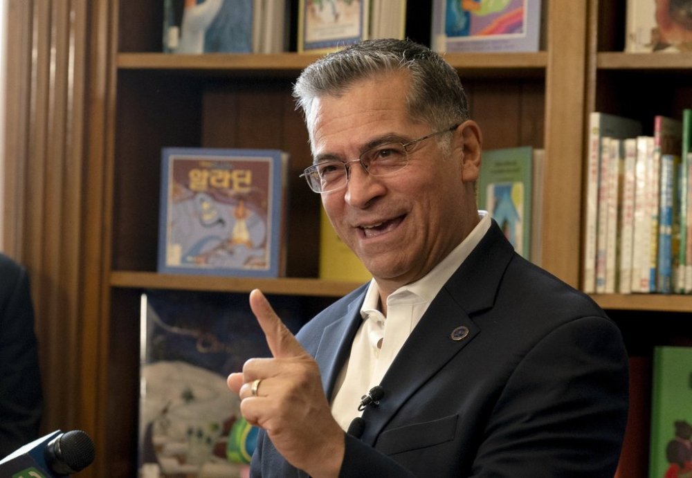 FILE - Department of Health and Human Services Secretary Xavier Becerra talks to reporters after a news conference in Sacramento, Calif., Oct. 29, 2024.(AP Photo/Rich Pedroncelli, File)