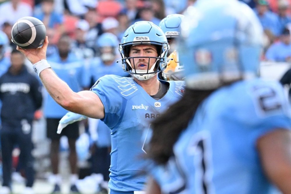 Toronto Argonauts quarterback Nick Arbuckle throws down field during second half CFL football game action against the Edmonton Elks in Toronto Saturday, Sept. 13, 2025. THE CANADIAN PRESS/Jon Blacker