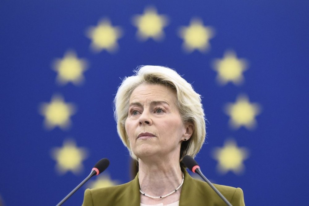 European Commission President Ursula von der Leyen delivers a major state of the union speech at the European Parliament in Strasbourg, eastern France, Wednesday, Sept. 10, 2025. (AP Photo/Pascal Bastien)