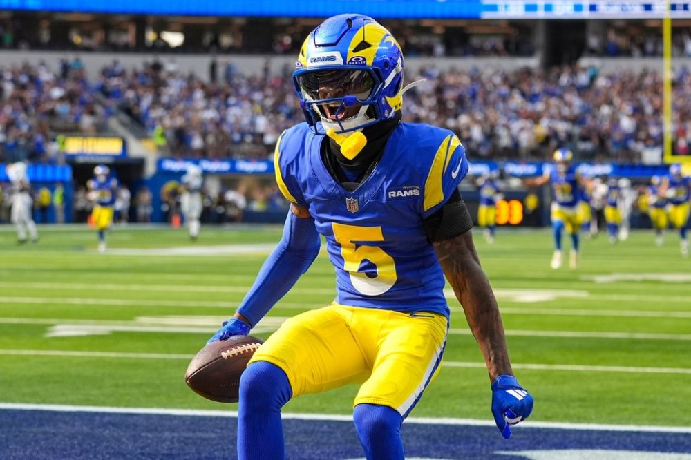 Los Angeles Rams wide receiver Tutu Atwell (5) celebrates after a touchdwon against the Indianapolis Colts during the second hall of an NFL football game Sunday, Sept. 28, 2025, in Inglewood, Calif. (AP Photo/Marcio Jose Sanchez)