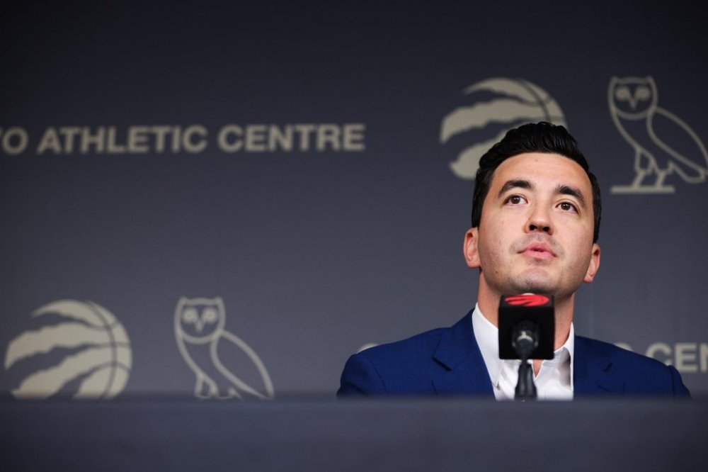 Toronto Raptors general manager Bobby Webster speaks to media during a press conference in Toronto, Friday, September 26, 2025. THE CANADIAN PRESS/Cole Burston
