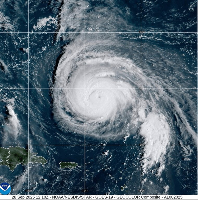 This satellite image provided by NOAA shows Hurricane Humberto on Sunday, Sept. 28, 2025. (NOAA via AP)