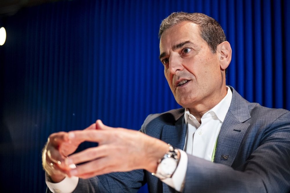 President and CEO of BCE Inc. Mirko Bibic takes part in an interview at the All In AI conference in Montreal on Wednesday, Sept. 24, 2025. THE CANADIAN PRESS/Christopher Katsarov