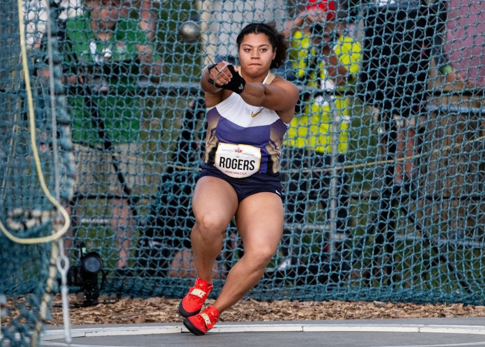 Camryn Rogers throws in the Senior Women's Hammer Throw during the Canadian Track and Field Championships in Ottawa, on Thursday, July 31, 2025. THE CANADIAN PRESS/Spencer Colby
