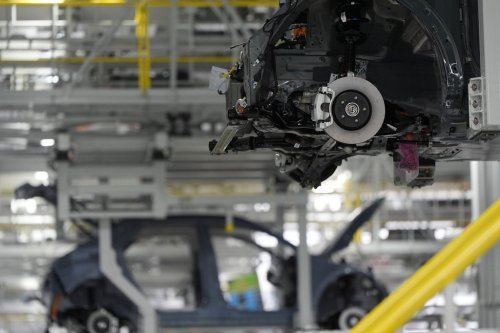 FILE - Vehicles move on the line at the Hyundai Motor Group Metaplant America, March 26, 2025, in Ellabell, Ga. (AP Photo/Mike Stewart, File)
