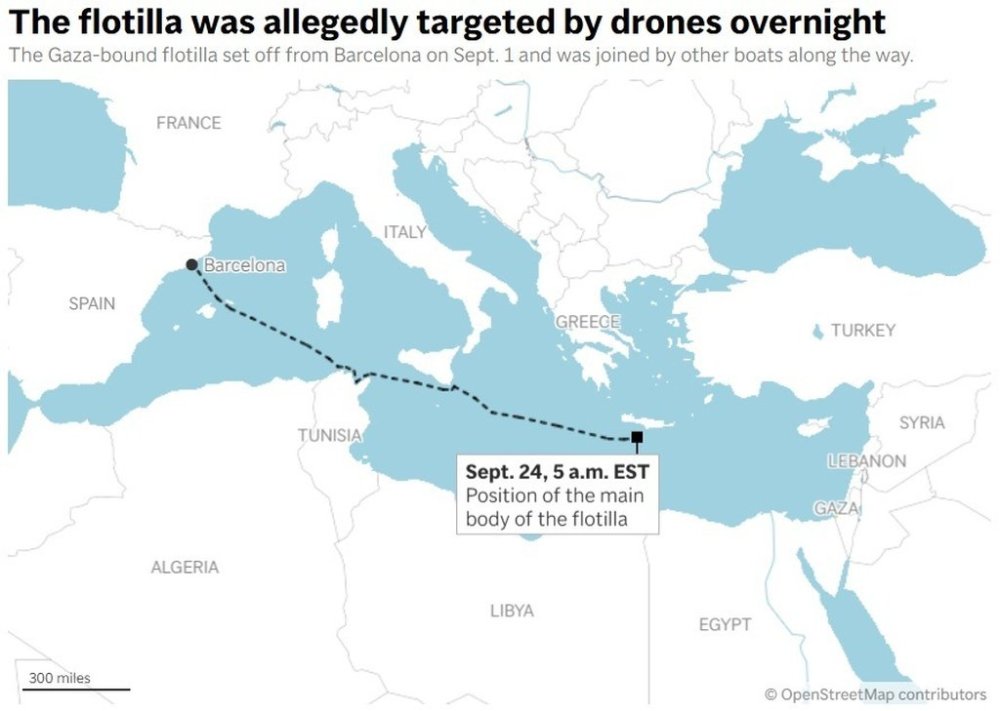 This map shows the location of the pro-Palestine activist flotilla as of September 24, when it was allegedly targeted by drones. (AP Digital Embed)