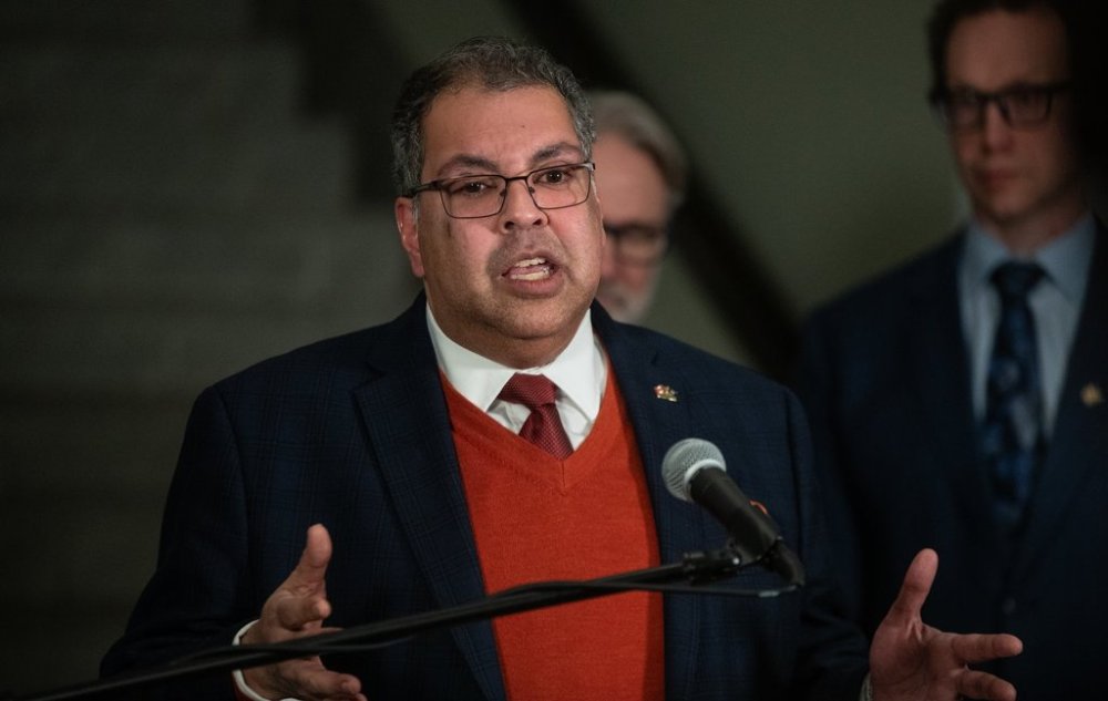 Leader of the Alberta NDP Naheed Nenshi speaks to media about the Alberta 2025 budget in Edmonton, on Thursday, Feb. 27, 2025. THE CANADIAN PRESS/Jason Franson