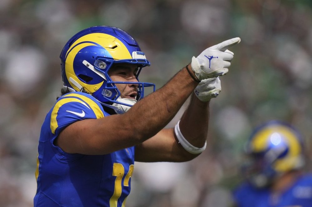 Los Angeles Rams wide receiver Puka Nacua celebrates after making a catch for a first down during the first half of an NFL football game against the Philadelphia Eagles Sunday, Sept. 21, 2025, in Philadelphia. (AP Photo/Matt Slocum)