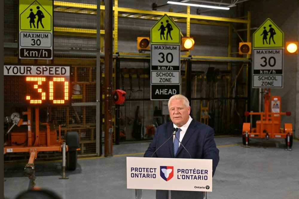 Premier Doug Ford speaks about roadway speed cameras at the Vaughan Joint Operations Centre in Vaughan, Ontario on Thursday, Sept. 25, 2025. THE CANADIAN PRESS/Jon Blacker