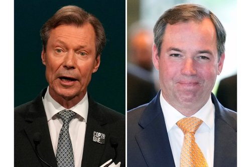 FILE - This photo combination shows Grand Duke Henri of Luxembourg, left, Dec. 1, 2023, in Dubai, United Arab Emirates and Luxembourg's Crown Prince Guillaume in Tokyo, June 10, 2024. (AP Photo/Rafiq Maqbool, Franck Robichon/Pool Photo via AP)