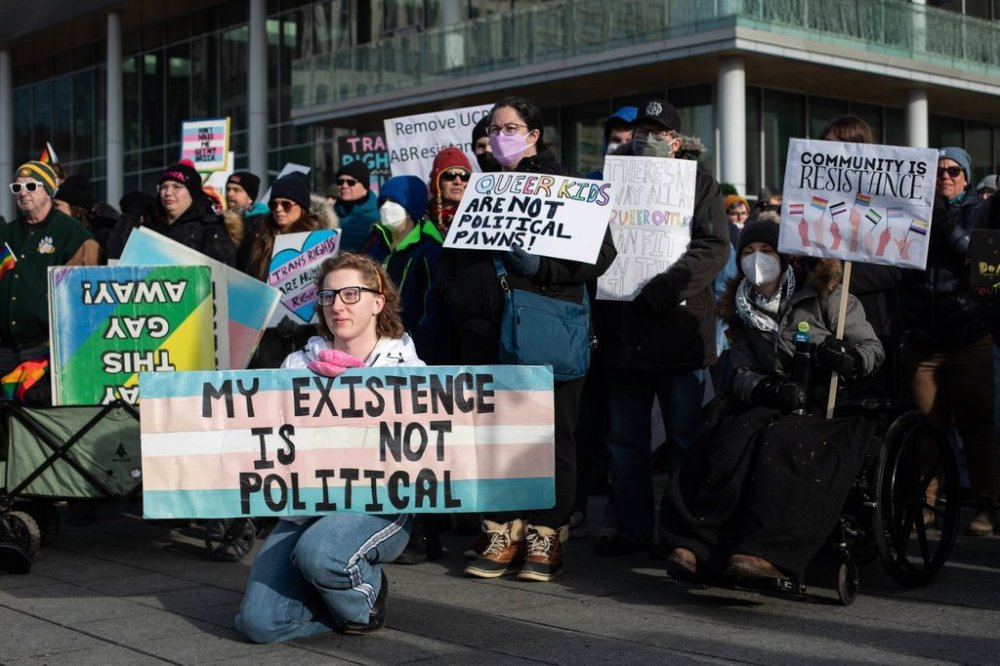 Protesters gather at the Alberta legislature during a rally for Trans rights in Edmonton, Sunday, Feb. 4, 2024.THE CANADIAN PRESS/Amber Bracken