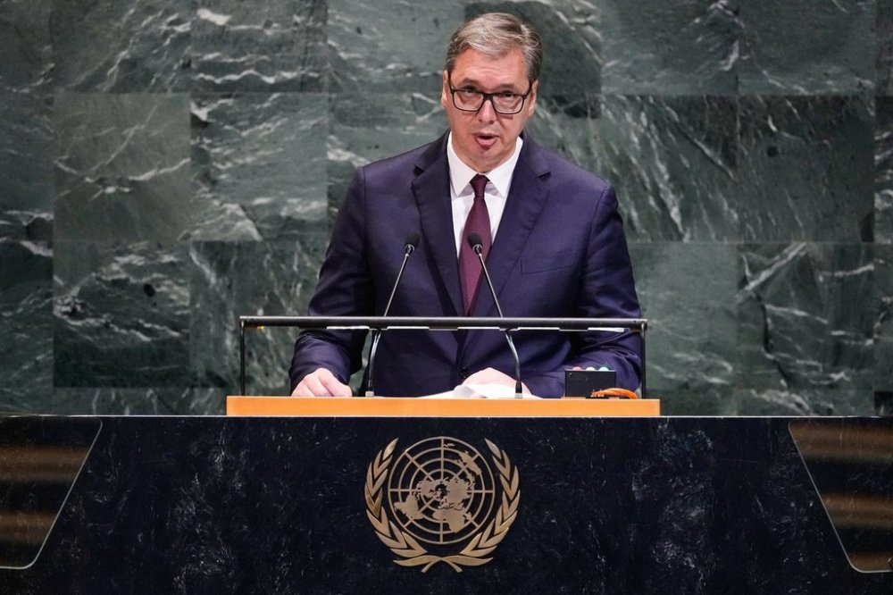 Serbia's President Aleksandar Vucic addresses the 80th session of the United Nations General Assembly, Wednesday, Sept. 24, 2025. (AP Photo/Richard Drew)