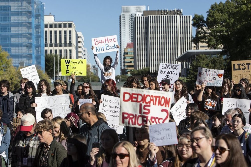 Students join a walk out and protest in support of pay for teachers and funding for schools at the Alberta Legislature in Edmonton on Monday, September 22, 2025. THE CANADIAN PRESS/Amber Bracken