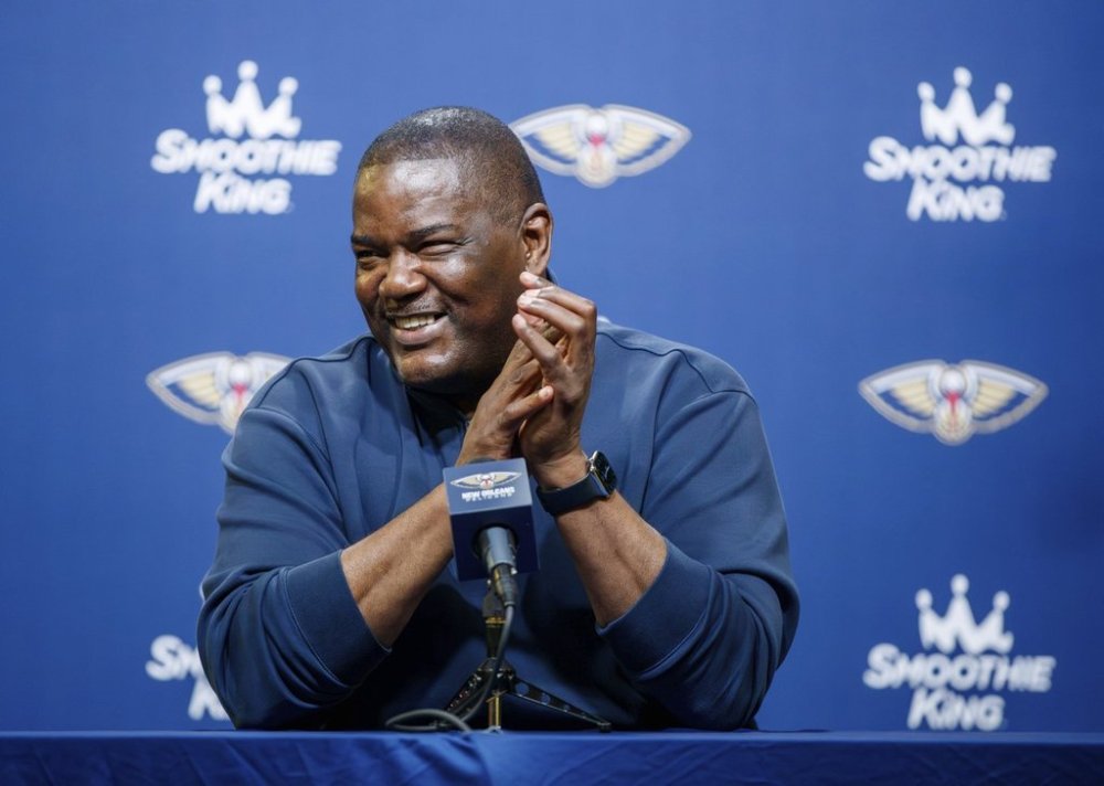 New Orleans Pelicans Executive Vice President of Basketball Operations Joe Dumars talks with reporters at the team's practice facility in Metairie, La., Monday, Sept. 22, 2025. (David Grunfeld/The New Orleans Advocate via AP)