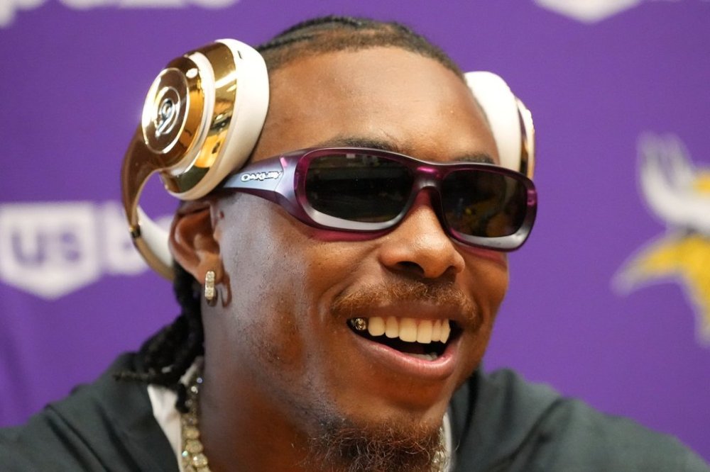 Minnesota Vikings wide receiver Justin Jefferson (18) speaks during a press conference ahead of their match against Pittsburgh Steelers in Dublin, Friday, Sept. 26, 2025.(AP Photo/Frank Augstein)