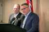BROOK JONES / FREE PRESS
Federal Agriculture Minister Heath MacDonald (right) makes an agriculture announcement in the Tache Room at the Fort Garry Hotel in Winnipeg, Man., Sunday, Sept. 7, 2025. MacDonald was joined by Provincial Agriculture Minister Ron Kostyshyn for the announcement.