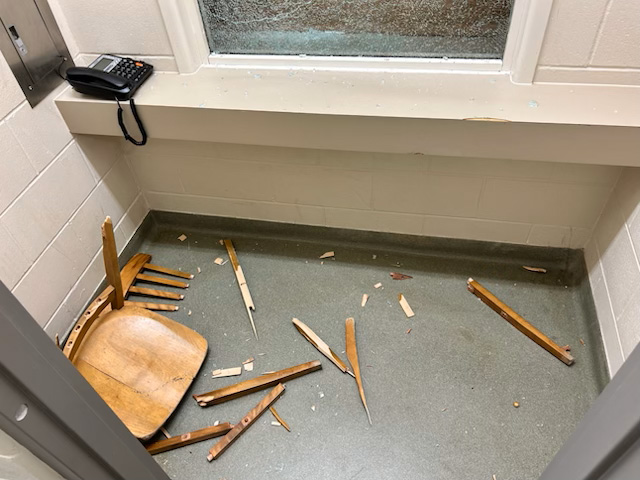 SUPPLIEDA shattered chair inside a room at the Steinbach RCMP detachment.
