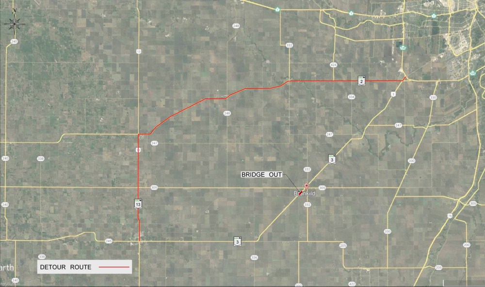 SUPPLIEDA map shows a detour route involving highways 13 and 2.
