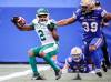Winnipeg Blue Bombers' Jaylen Smith (39) chases Saskatchewan Roughriders' Mario Alford (2) into his end zone on a Bombers missed field goal attempt during second half CFL action in Winnipeg, Saturday, Sept. 6, 2025. THE CANADIAN PRESS/John Woods