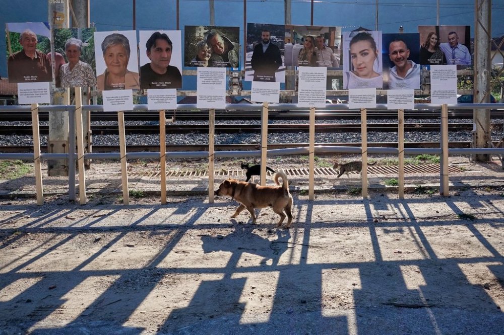 A dog and two kittens walk by photographs of victims, a year after floods and a landslide swept through the tiny village of Donja Jablanica in southern Bosnia, killing 19 people, Saturday, Oct. 4, 2025. (AP Photo/Eldar Emric)