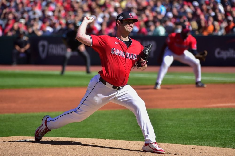 Cleveland Guardians starting pitcher Gavin Williams throws during the first inning in a Game 1 of the American League Wild Card baseball playoff series against the Detroit Tigers in Cleveland, Tuesday, Sept. 30, 2025. (AP Photo/Phil Long)