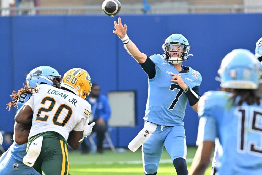 Toronto Argonauts quarterback Jarret Doege (7) throws down field against the Edmonton Elks during second half CFL football action in Toronto Saturday, Sept. 13, 2025. THE CANADIAN PRESS/Jon Blacker