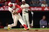 Los Angeles Angels' Oswald Peraza drives in a run during the second inning of a baseball game against the Kansas City Royals, Wednesday, Sept. 24, 2025, in Anaheim, Calif. (AP Photo/Jessie Alcheh)