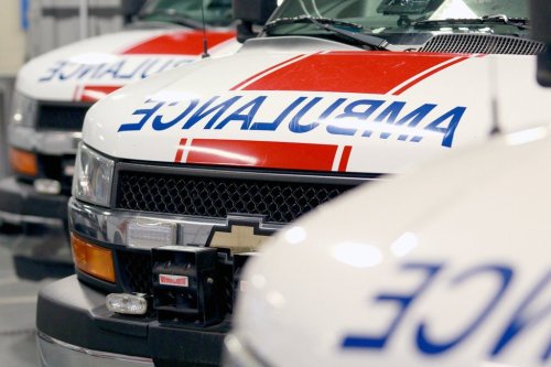 Ambulances are seen parked at the central reporting station in Victoria, on Thursday, Nov. 9, 2023. THE CANADIAN PRESS/Chad Hipolito