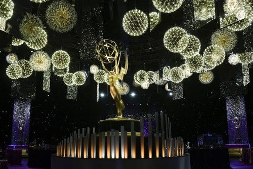 An Emmy statue appears on the stage for the 77th Primetime Emmy Awards red carpet rollout on Thursday, Sept. 11, 2025, in Los Angeles. (Photo by Richard Shotwell/Invision/AP)