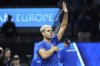 Team Europe's Carlos Alcaraz, of Spain, celebrates after defeating Team World's Francisco Cerundolo, of Argentina, during their match on the third day of the Laver Cup tennis tournament in San Francisco, Sunday, Sept. 21, 2025. (AP Photo/Jeff Chiu)