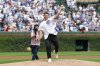 Former Chicago Cubs player Anthony Rizzo throws out a ceremonial first pitch before a baseball game between the Tampa Bay Rays and Chicago Cubs, Saturday, Sept. 13, 2025, in Chicago. (AP Photo/Kamil Krzaczynski)
