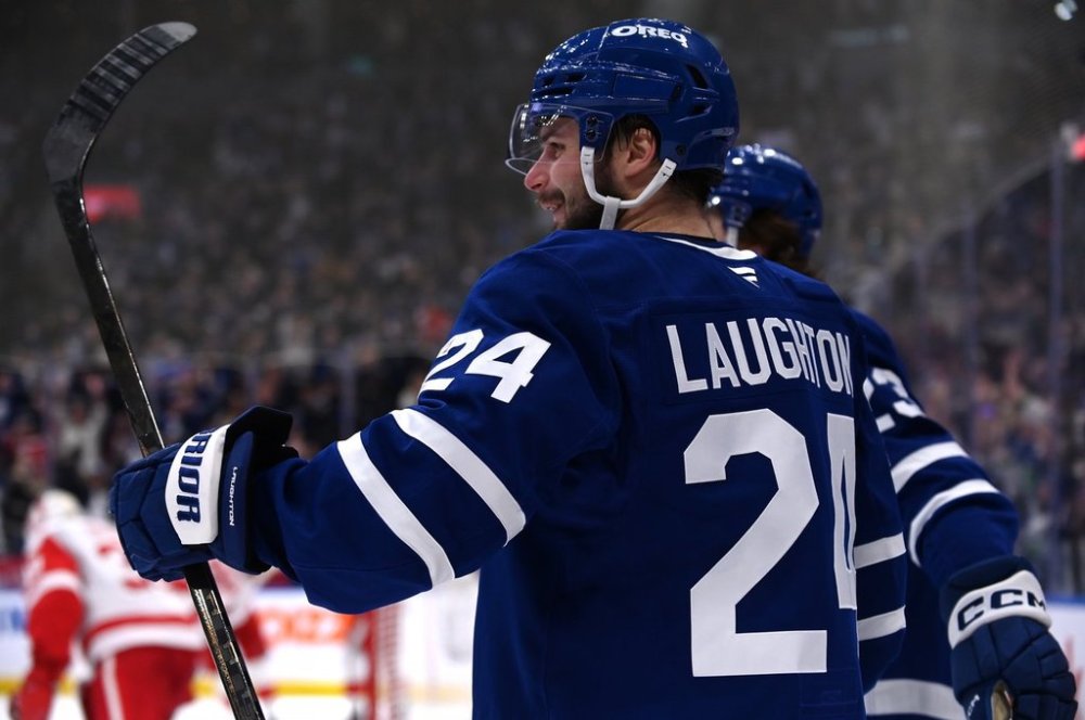 Maple Leafs forward Scott Laughton celebrates his overtime goal against the Detroit Red Wings in Toronto on Thursday, April 17, 2025. THE CANADIAN PRESS/Jon Blacker
