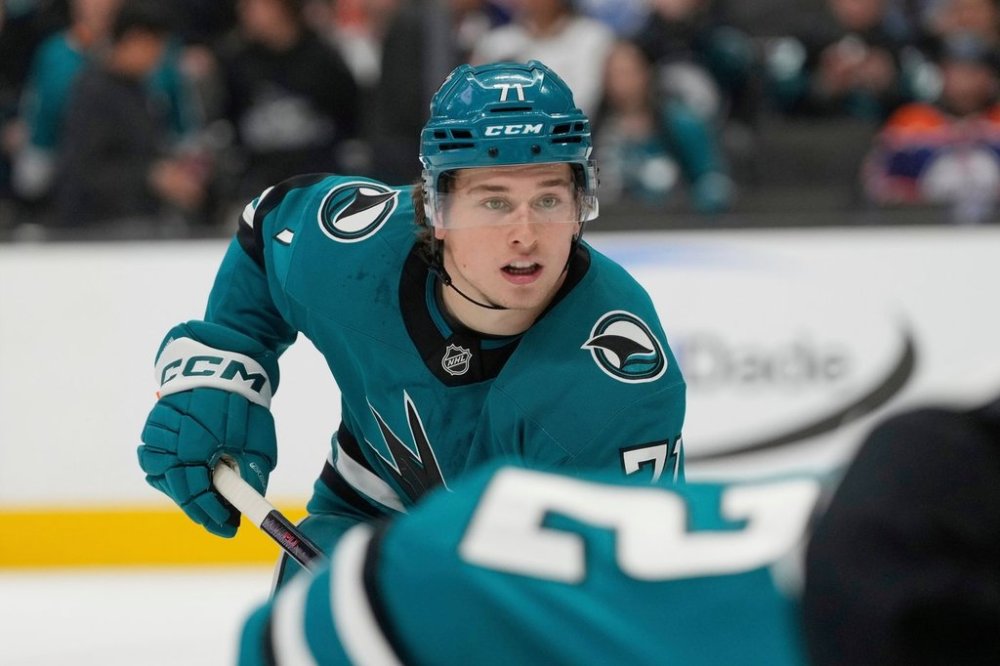 FILE - San Jose Sharks center Macklin Celebrini gets ready during a face off in an NHL hockey game against the Edmonton Oilers in San Jose, Calif., Wednesday, April 16, 2025. (AP Photo/Jeff Chiu, File)