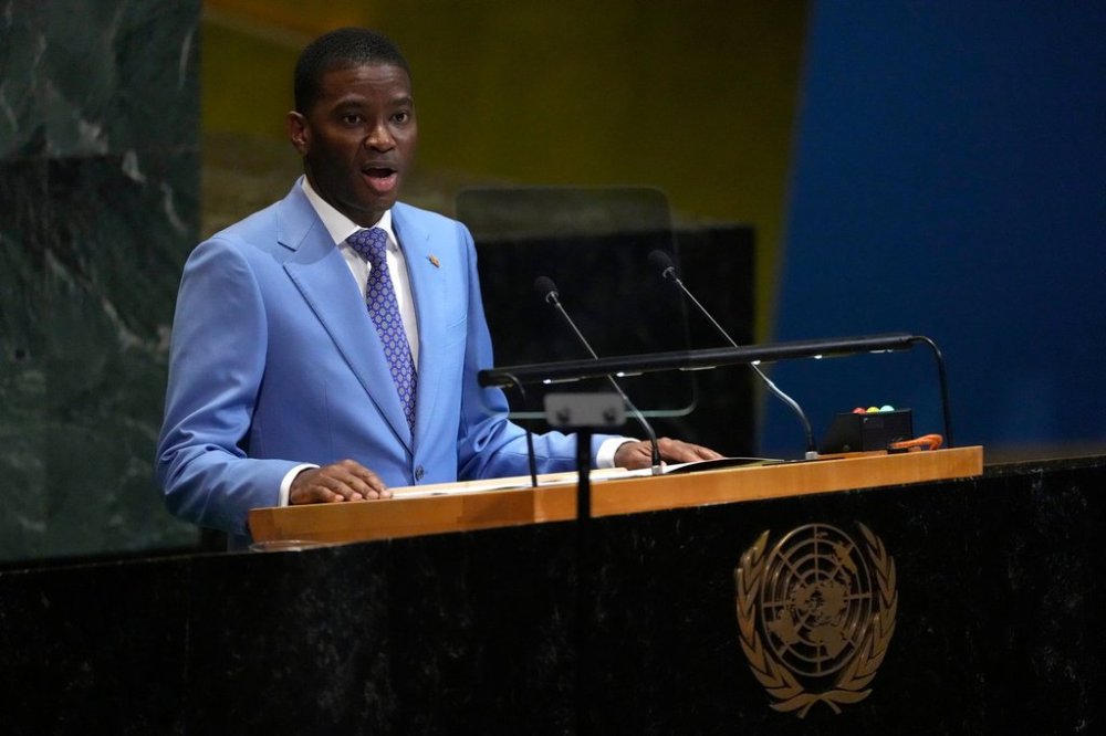 Prime Minister of Grenada Philip Dickon Mitchell addresses the 80th session of the United Nations General Assembly, Saturday, Sept. 27, 2025, at U.N. headquarters. (AP Photo/Pamela Smith)