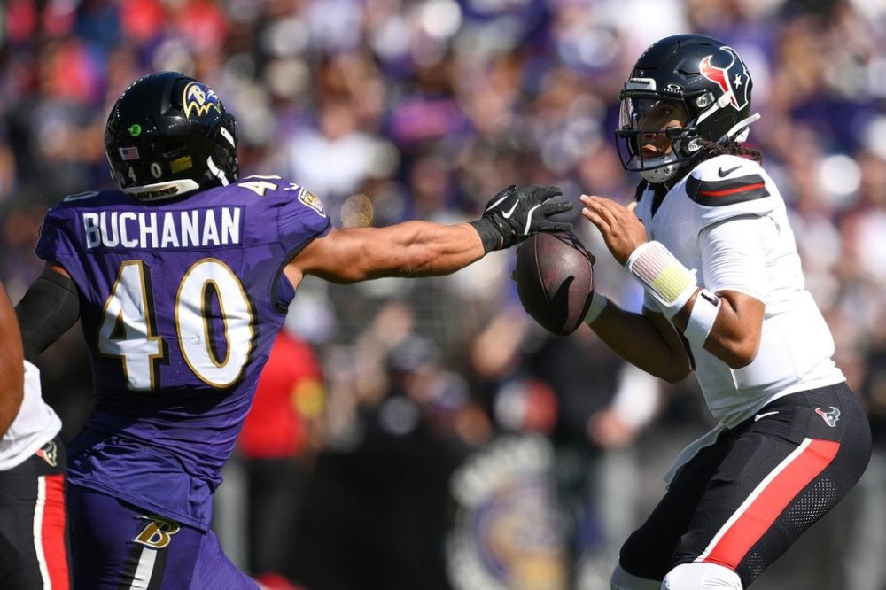 Baltimore Ravens linebacker Teddye Buchanan (40) defends against Houston Texans quarterback C.J. Stroud during the first half of an NFL football game, Sunday, Oct. 5, 2025, in Baltimore. (AP Photo/Nick Wass)