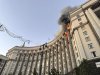 In this photo provided by the Ukrainian Emergency Service, smoke rises from a fire at the Cabinet of Ministers building after a Russian strike in Kyiv, Ukraine, on Sunday, Sept. 7, 2025. (Ukrainian Emergency Service via AP)