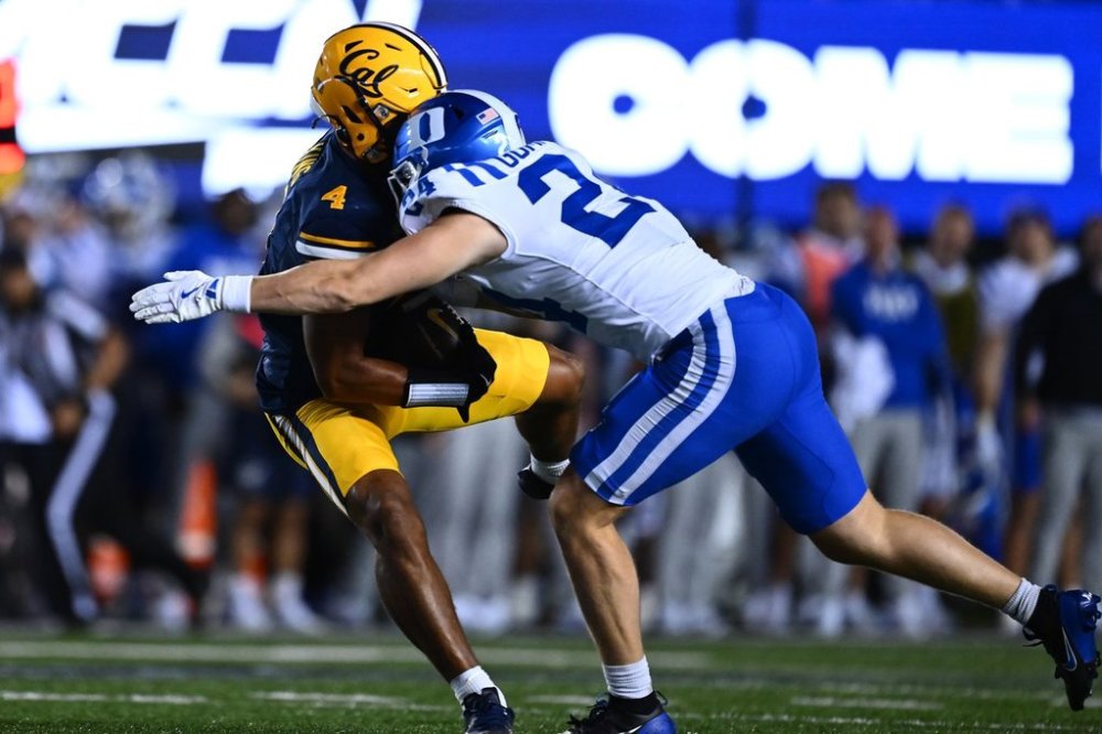 Duke Blue Devils linebacker Bradley Gompers (24) is called for targeting against California Golden Bears wide receiver Jordan King (4) after making a catch in the first half of their game at Memorial Stadium in Berkeley, Calif., on Saturday, Oct. 4, 2025. (Jose Carlos Fajardo/Bay Area News Group via AP)