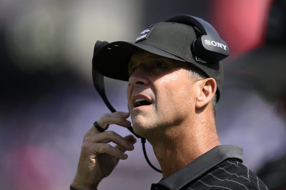 Baltimore Ravens head coach John Harbaugh watches during the first half of an NFL football game against the Cleveland Browns, Sunday, Sept. 14, 2025, in Baltimore. (AP Photo/Nick Wass)
