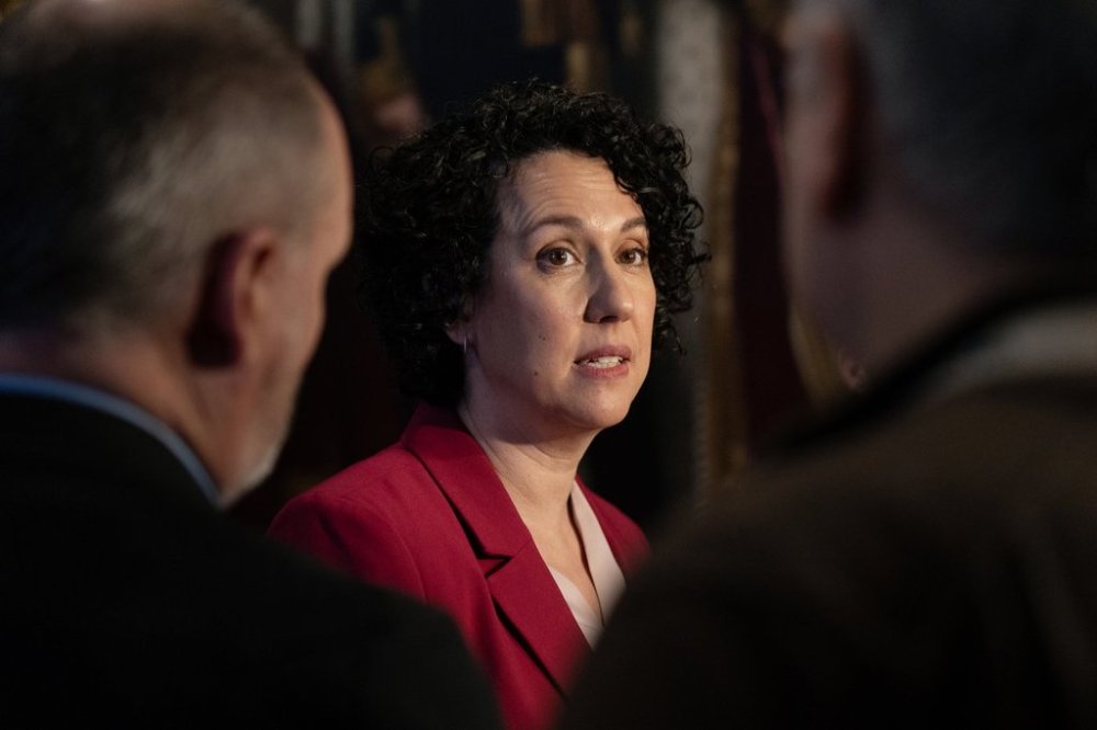 Nova Scotia NDP Leader Claudia Chender speaks to reporters at Province House following the speech from the throne and opening of the legislature in Halifax on Friday, Feb. 14, 2025. THE CANADIAN PRESS/Darren Calabrese