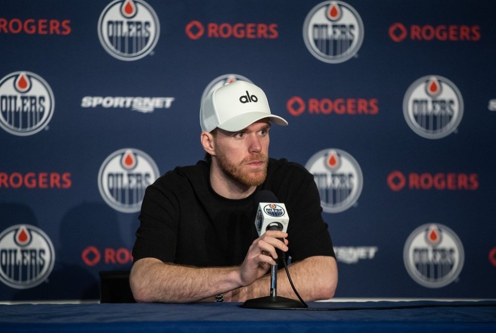 Edmonton Oilers Connor McDavid (97) speaks to media after losing to the Florida Panthers during Game 6 of the NHL Stanley Cup final in Edmonton, Thursday, June 19, 2025. THE CANADIAN PRESS/Jason Franson
