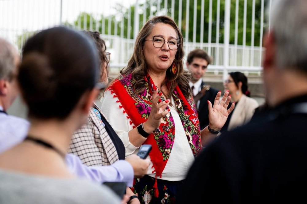 Minister of Indigenous Services Mandy Gull-Masty speaks to reporters following the Métis Major Projects Summit at the Royal Canadian Geographical Society in Ottawa, on Thursday, Aug. 7, 2025. THE CANADIAN PRESS/Spencer Colby